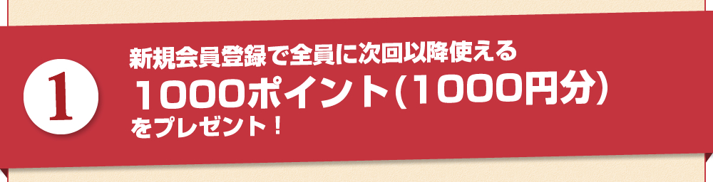 新規会員登録で全員に次回以降使える1000ポイント(1000円分)をプレゼント！